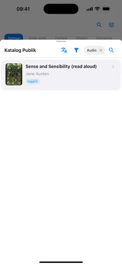 Lembar katalog publik di Fablum pada iPhone, difilter ke audiobuku, menampilkan Sense and Sensibility versi dibacakan