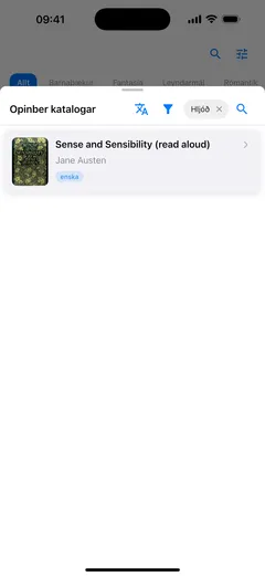 Spjaldið með opinbera katalognum í Fablum í iPhone, síað niður í hljóðbækur, með Sense and Sensibility sem upplesna útgáfu