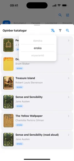 Tungumálavalið opið yfir opinbera katalognum í Fablum í iPhone, með íslensku, ensku og esperantó, og ensku valda