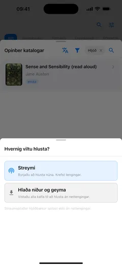 Fablum spyr í iPhone hvernig þú viljir hlusta á hljóðbók úr katalognum: „Streymi“, sem krefst tengingar, eða „Hlaða niður og geyma“ til að hlusta án nettengingar