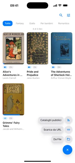 Il menu di aggiunta aperto sopra la libreria di Fablum su iPhone: Cataloghi pubblici, Scarica da URL e Da File, ognuno con la sua icona, sopra una ✕ blu