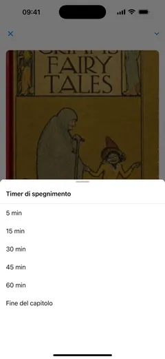 Il timer di spegnimento nel lettore di audiolibri di Fablum su iPhone propone 5, 15, 30, 45 o 60 minuti, oppure la fine del capitolo