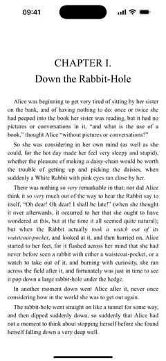 Fablum um iPhone weist „Down the Rabbit-Hole“, dat éischt Kapitel vun Alice’s Adventures in Wonderland, op enger heller Säit
