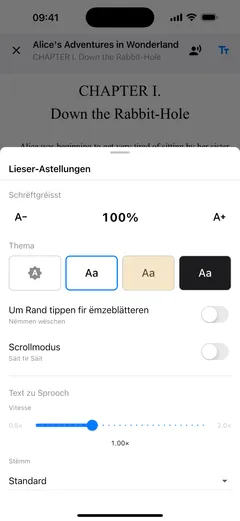 D’Liesastellunge vu Fablum um iPhone: Schrëftgréisst, véier Faarfmuster fir d’Säit, Schalter fir Ëmblieder duerch Tippen a fir Scrollen, an d’Virliestempo
