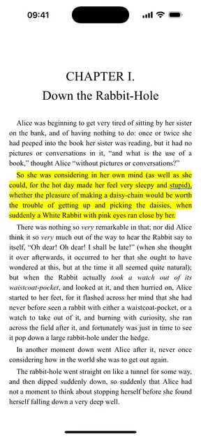 Fablum liest Alice’s Adventures in Wonderland haart um iPhone vir, de Saz, deen elo geschwat gëtt, giel ervirgehuewen