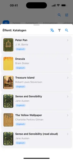 De Panel vum ëffentleche Katalog op iwwer der Fablum-Bibliothéik um iPhone: Peter Pan, Dracula, Treasure Island a Sense and Sensibility, jiddereen mat Couverture, Auteur an der Sproochmarke „Englesch“
