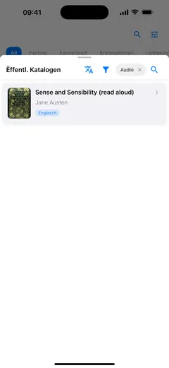 De Panel vum ëffentleche Katalog a Fablum um iPhone, op Hörbicher gefiltert, mat Sense and Sensibility als virgelies Ausgab
