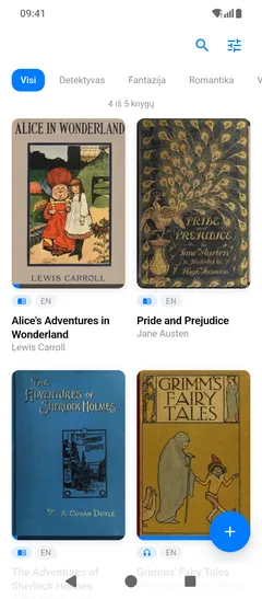Ta pati Fablum biblioteka Android telefone, viršeliai dviem stulpeliais