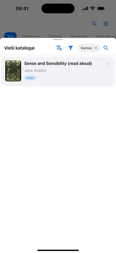 Viešojo katalogo skydelis Fablum programoje iPhone telefone, atfiltruotos garso knygos, sąraše Sense and Sensibility garsiai skaitoma laida