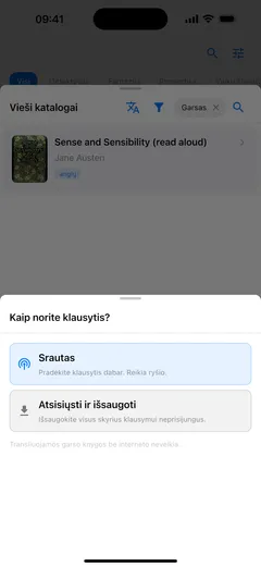 Fablum iPhone telefone klausia, kaip klausytis katalogo garso knygos: „Srautas“, kuriam reikia ryšio, ar „Atsisiųsti ir išsaugoti“ klausymui neprisijungus
