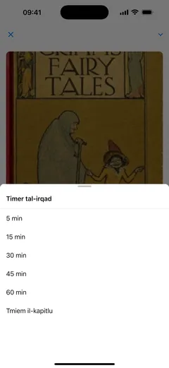 It-timer tal-irqad fil-plejer tal-kotba awdjo ta’ Fablum fuq iPhone joffri 5, 15, 30, 45 jew 60 minuta, jew tmiem il-kapitlu