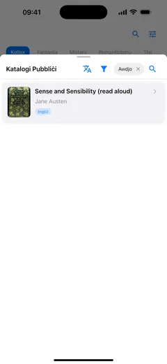 Il-pannell tal-katalgu pubbliku f’Fablum fuq iPhone, iffiltrat għall-kotba awdjo, bi Sense and Sensibility bħala verżjoni moqrija b’leħen għoli