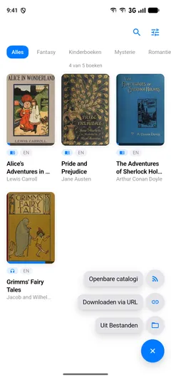Hetzelfde toevoegmenu op een Android-telefoon, open over de omslagen: Openbare catalogi, Downloaden via URL en Uit Bestanden