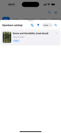 Het paneel met de openbare catalogus in Fablum op een iPhone, gefilterd op luisterboeken, met Sense and Sensibility als voorgelezen uitgave