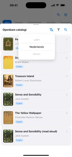 De taalkiezer open over de openbare catalogus in Fablum op een iPhone, met Nederlands, Engels en Esperanto, en Engels gekozen
