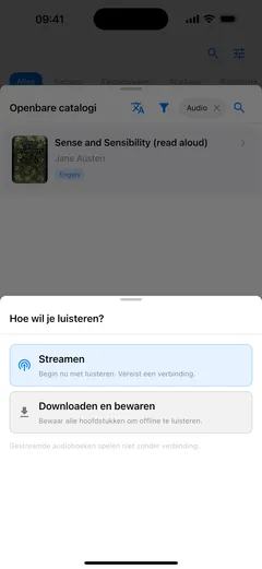 Fablum vraagt op een iPhone hoe je een luisterboek uit de catalogus wilt beluisteren: ‘Streamen’, waarvoor een verbinding nodig is, of ‘Downloaden en bewaren’ om offline te luisteren