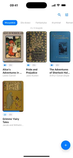 Biblioteka Fablum na iPhonie: trzy e-booki i jeden audiobook w siatce okładek, nad nimi filtry gatunków i licznik „4 z 5 książek”