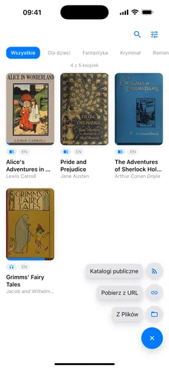 Menu dodawania nad biblioteką Fablum na iPhonie: Katalogi publiczne, Pobierz z URL i Z Plików, każdy z własną ikoną, nad niebieskim ✕
