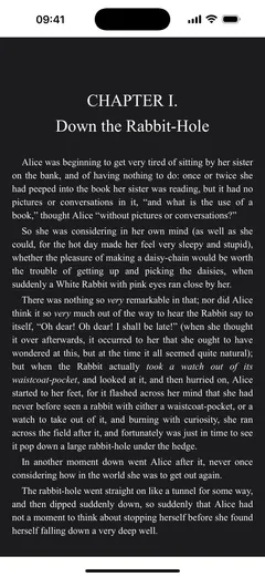 Fablum na iPhonie pokazuje pierwszy rozdział Alice’s Adventures in Wonderland na ciemnej stronie
