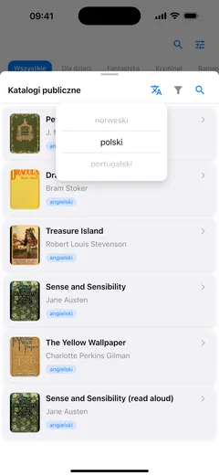Wybór języka nad katalogiem publicznym w Fablum na iPhonie: polski, angielski i esperanto, wybrany jest angielski