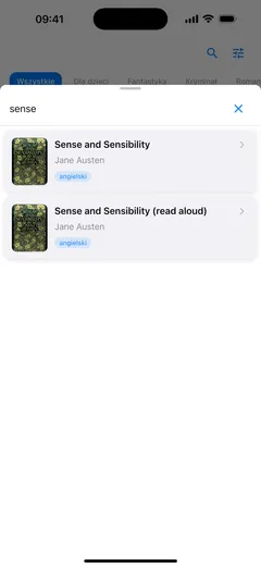Wyszukiwanie słowa „sense” w katalogu publicznym Fablum na iPhonie znajduje Sense and Sensibility raz jako e-book i raz jako wydanie czytane