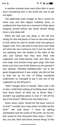 O Fablum num celular Android mostrando uma página de Alice’s Adventures in Wonderland, com o texto justificado ocupando a tela inteira e nada mais