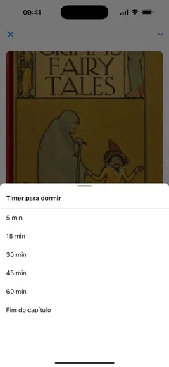 O timer de soneca do player de audiolivros do Fablum num iPhone oferece 5, 15, 30, 45 ou 60 minutos, ou o fim do capítulo