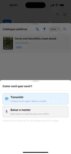 O Fablum pergunta num iPhone como você quer ouvir um audiolivro do catálogo: “Transmitir”, que precisa de conexão, ou “Baixar e manter” para ouvir offline