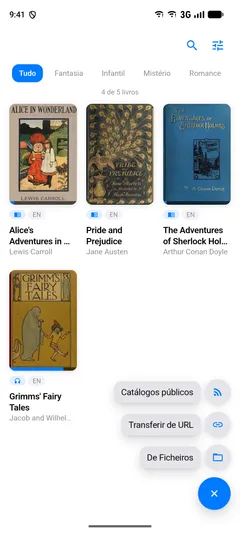 O mesmo menu de adicionar num telemóvel Android, aberto sobre as capas: Catálogos públicos, Transferir de URL e De Ficheiros