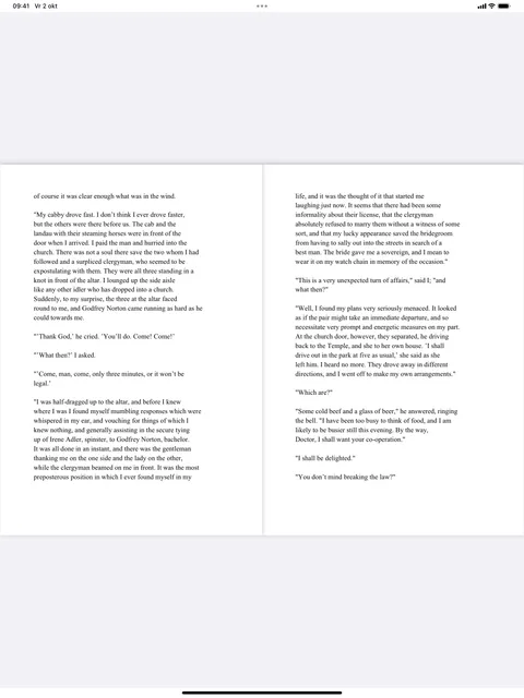 O Fablum num iPad a mostrar um PDF em duas páginas lado a lado, como um livro aberto