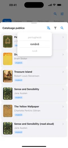 Selectorul de limbă deschis peste catalogul public din Fablum pe iPhone: română, engleză și esperanto, selectată engleza