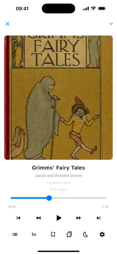 Predvajalnik zvočnih knjig v Fablumu na iPhonu predvaja Grimms’ Fairy Tales: drsnik poglavja, tipke za skok, hitrost, časovnik za spanje in zaznamki