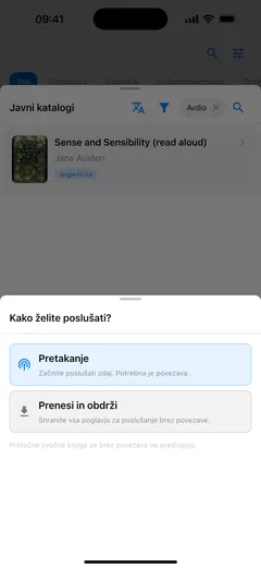 Fablum na iPhonu vpraša, kako želite poslušati zvočno knjigo iz kataloga: »Pretakanje«, ki zahteva povezavo, ali »Prenesi in obdrži« za poslušanje brez povezave