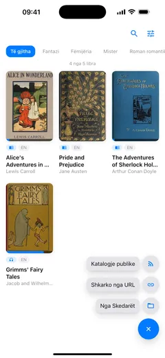 Menyja e shtimit e hapur mbi bibliotekën e Fablum në iPhone: Katalogje publike, Shkarko nga URL dhe Nga Skedarët, secila me ikonën e vet, mbi një ✕ blu