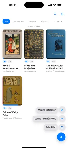 Lägg till-menyn öppen över Fablums bibliotek på en iPhone: Öppna kataloger, Ladda ned från URL och Från Filer, var och en med sin ikon, ovanför ett blått ✕