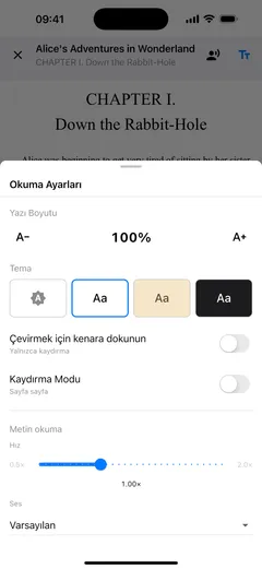 Fablum’un okuma ayarları bir iPhone’da: yazı boyutu, dört sayfa rengi örneği, sayfa çevirme ve kaydırma anahtarları ve sesli okuma hızı
