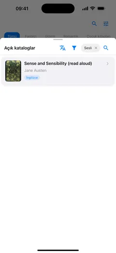 Fablum’daki açık katalog paneli bir iPhone’da sesli kitaplara süzülmüş: Sense and Sensibility seslendirilmiş basımıyla