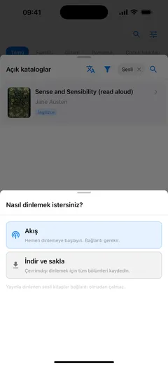 Fablum bir iPhone’da katalogdaki sesli kitabı nasıl dinlemek istediğinizi soruyor: bağlantı isteyen “Akış” ya da çevrimdışı dinlemek için “İndir ve sakla”