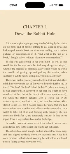 ‏iPhone پر Fablum، سیپیا صفحے پر Alice’s Adventures in Wonderland کا پہلا باب دکھا رہا ہے
