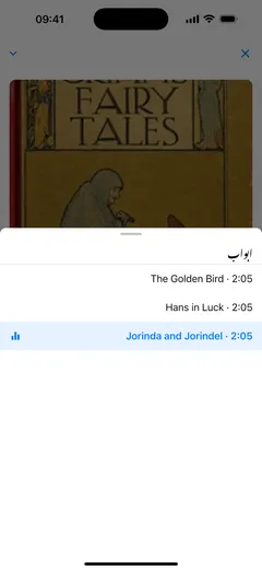 ‏iPhone پر Fablum کے آڈیو بک پلیئر میں ابواب کی فہرست، Grimms’ Fairy Tales کے سرورق کے اوپر: دورانیے کے ساتھ تین ابواب، چلتا باب نمایاں