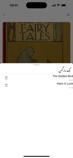 ‏iPhone پر Fablum کے آڈیو بک پلیئر میں بُک مارکس کی فہرست: باب کے نام کے ساتھ دو بُک مارک، ”The Golden Bird“ 0:41 پر اور ”Hans in Luck“ 1:23 پر، ہر ایک کے ساتھ حذف کا بٹن