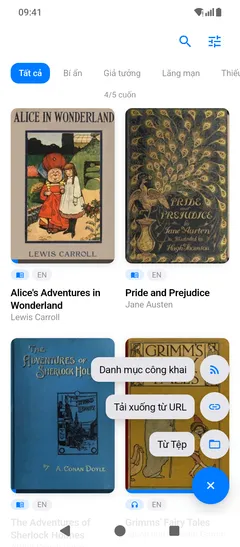 Cùng menu thêm sách đó trên điện thoại Android, mở ra trên các ảnh bìa trong thư viện: Danh mục công khai, Tải xuống từ URL và Từ Tệp