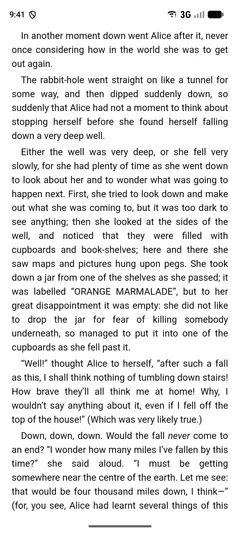 安卓手机上的 Fablum 显示 Alice’s Adventures in Wonderland 的一页，两端对齐的正文铺满整个屏幕，别无他物