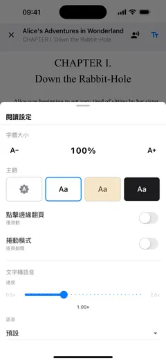 iPhone 上 Fablum 的閱讀設定：字級、四個頁面顏色色樣、翻頁與捲動的開關，以及朗讀速度